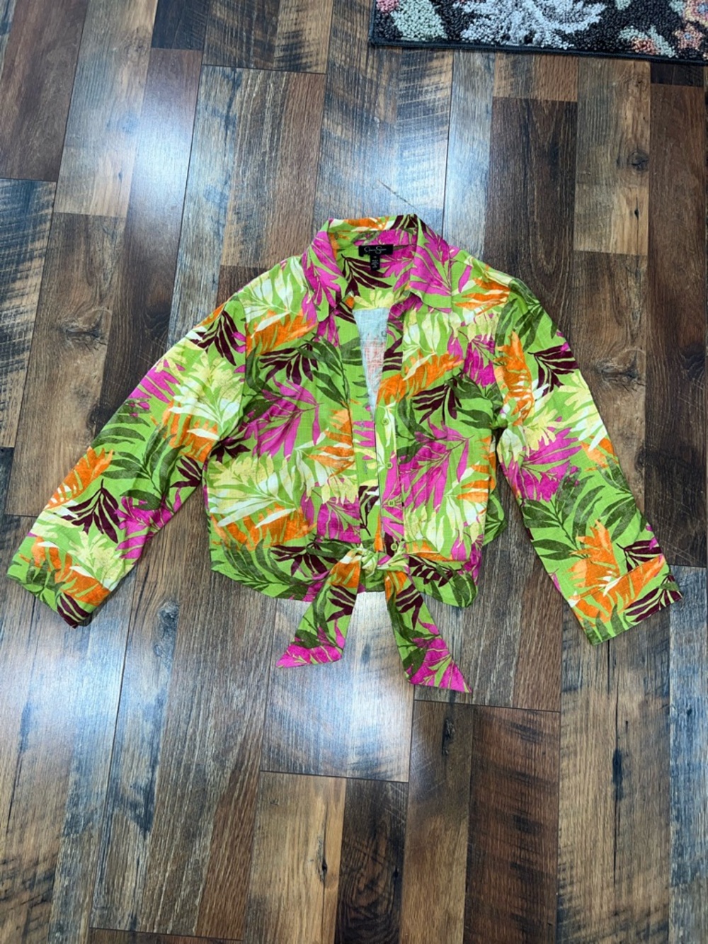 Jessica Simpson Tropical Leaf Tie-Front Jacket in Pink, Green, Orange